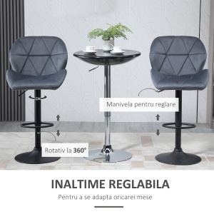 Set de 2 Scaune de Bar cu Înălțime Reglabilă, Bază Metalică și Șezut din Catifea, 51.5x57.5x93-114.5 cm, Gri - Img 4
