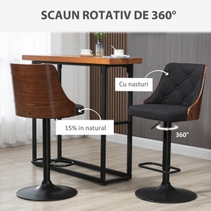 Set de 2 scaune de bar cu inaltime reglabila, scaune de bar pivotante cu inaltime reglabila, cu suport pentru picioare, scaune de bar din tesatura de in, negru si nuc - Img 4
