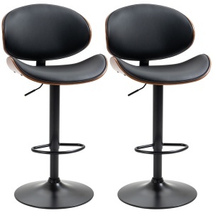 Set de 2 Scaune de Bar cu Spătar Reglabil pe Înălțime, Lemn și Piele Ecologică, 53x52x92-112 cm, Negru - Img 1