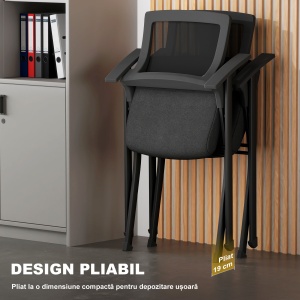 Set de 2 Scaune Pliabile din Material cu Efect de In cu Spătar Curbat și Cotiere, Scaune Pliabile Economice Portabile din Oțel, pentru Casă, Birou, Bucătărie, Evenimente, 61x56x84 cm, Negru - Img 5
