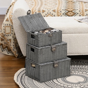 Set de 3 cosuri din rachita PP cu capac, containere dreptunghiulare de diferite dimensiuni, gri - Img 2