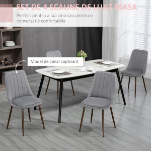 Set de 4 Scaune de Masa, Scaun de Bucatarie Modern cu Tapiterie din Catifea, Spatar Curbat si Picior din Otel pentru Camera de Zi, Dormitor, Gri - Img 4