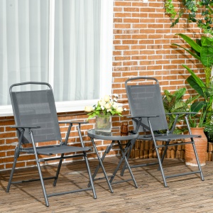 Set de Exterior din 3 Piese cu Masă cu Blat din Sticlă și 2 Scaune Pliabile din Plasă, Ф45x50 cm, Gri Deschis - Img 2