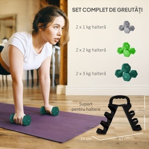 Set de Gantere de Sală cu Suport Pliabil, 2x1 kg, 2x2 kg, 2x3 kg, Gantere Hexagonale de Metal cu Mâner, Antrenament Fitness Acasă, Multicolor - Img 4
