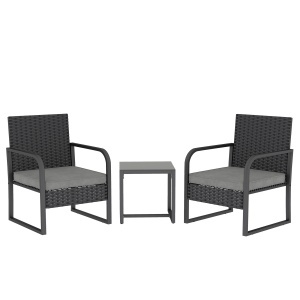 Set de Grădină 3 Piese din Rattan PE și Oțel, Set cu 2 Fotolii cu Perne Lavabile și Măsuță de Cafea cu Blat din Sticlă, Set de Mobilier pentru Balcon, Terasă sau Curte, Gri Închis și Negru