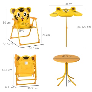 Set de Grădină 4 Piese pentru Copii cu Model Tigru și Măsuță Rotundă, 2 Scaune Pliabile și o Umbrelă Reglabilă, Măsuță cu Scaune pentru Copii 3-6 Ani de Exterior, Galben - Img 3