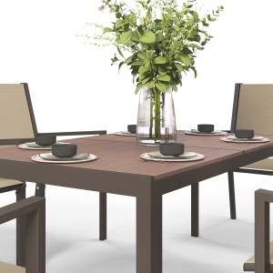 Set de Grădină din 7 Piese cu Masă din Plastic-Lemn și 6 Fotolii Stivuibile cu Șezut și Spătar, 150x90x73 cm, Maro - Img 6