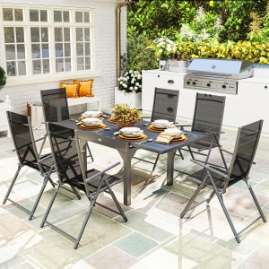 Set de Grădină din 7 Piese cu Masă Extensibilă și 6 Scaune Pliabile cu Brațe, 90/180x90x75 cm, Gri și Negru - Img 2