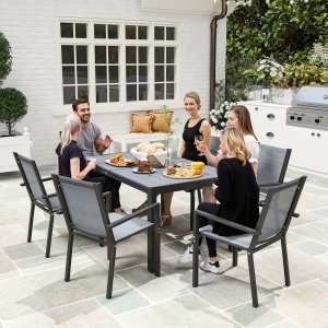 Set de Mobilier de Grădină cu 7 Piese, Masă și 6 Scaune Stivuibile, Mobilier din Oțel Textilen, Gri Deschis - Img 7
