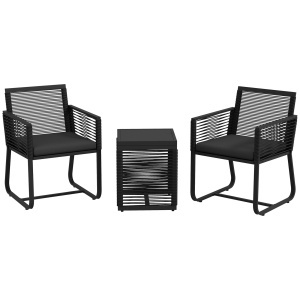 Set de Mobilier de Grădină din 3 Piese din Ratan, Set cu Masă din Sticlă Securizată și Perne Moi, 53x57x77 cm, Negru - Img 1