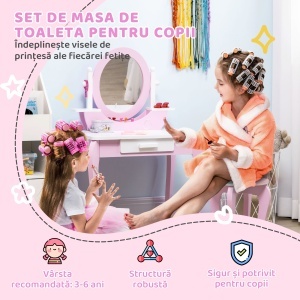 Set de Toaletă Machiaj, Măsuță de Machiaj cu Oglinzi și Taburet pentru Copii, Vârsta 3-6 Ani, 65,5x46x93 cm, Roz - Img 4