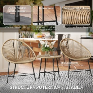 Set din Ratan din 3 Piese cu Scaune și Măsuță de Cafea, 72x68x81 cm, Natural - Img 7
