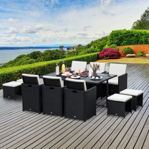 Set e Mobilier de Gradina in PE Rattan Set de Pranz 11 bucati cu Perne, Negru - Img 2