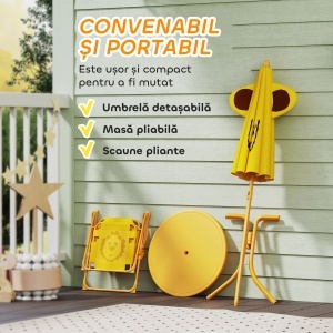 Set Masă, 2 Scaune și Umbrelă pentru Grădină, pentru Copii 2-5 Ani, Galben - Img 6