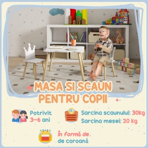 Set Masă și 2 Scaune pentru Copii 3-6 Ani, Masă Ondulată și Scaune în Formă de Coroană, 60x60x44 cm, Alb - Img 7