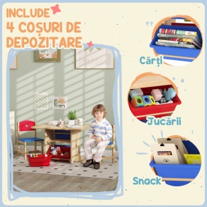 Set Masă și Scaune pentru Copii 3-7 Ani, cu 2 Scaune și 4 Compartimente de Depozitare, 77x57x50 cm, Lemn Natural - Img 4