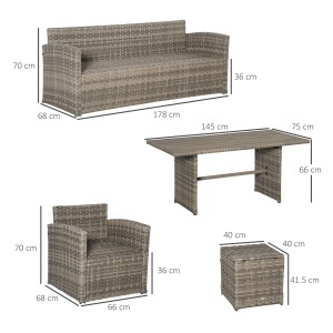 Set Mobila de Gradina de 6 Piese din Ratan PE, Salon cu Canapea 3 Locuri, 2 Fotolii, 2 Taburete si Masa, Perne Detasabile si Lavabile, Gri - Img 3