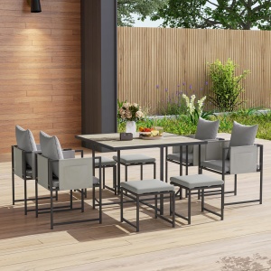 Set Mobilier de Grădină din 9 Piese cu Masă, 4 Fotolii și 4 Scaune, 110x110x75 cm, Gri - Img 8