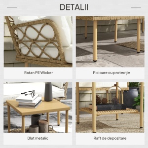 Set Mobilier Grădină 4 Persoane, 3 Piese cu Măsuță de Cafea, Perne Confortabile Incluse, Ratan Crem - Img 6