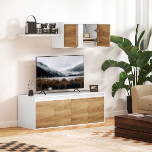 Set Mobilier TV și Dulap Suspendat cu 7 Rafturi și Raft Deschis, Mobilier pentru TV din PAL, 120x41x43,3 cm, Alb - Img 2