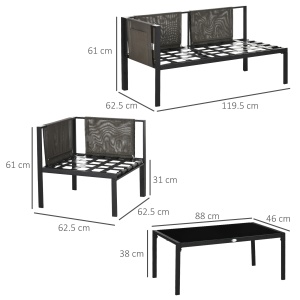 Set pentru gradina 4 bucati cu 2 canapele 2 locuri, fotoliu de colt si masuta de cafea din geam securizat, gri si negru - Img 3