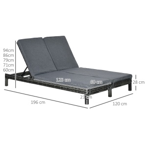 Set Sezlong cu 2 locuri in PE Ratan cu Saltea captusita, Gri 195 x 120 x 28 cm - Img 3