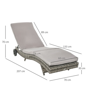 Sezlong de Gradina din Ratan PE, Sezlong pentru Plaja cu Spatar Reglabil si perna Capitonata, 207x70x70cm, Gri - Img 3