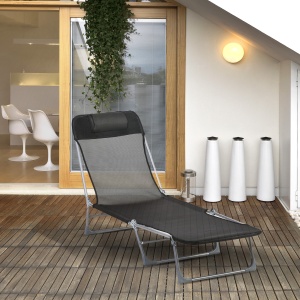 Șezlong Pliabil cu Spătar Reglabil pe 5 Niveluri și Pernă, Șezlong de Grădină cu Material Texteline, pentru Plajă Piscină Grădină, 182x56x28 cm, Negru - Img 2