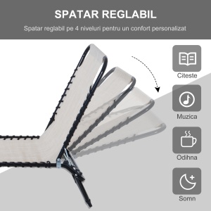 Sezlong portabil din otel si material tip plasa, care permite circularea aerului, cu spatar reglabil pe 4 pozitii, 197x58x26 cm, negru si crem - Img 4