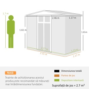Șopron de Grădină cu 4 Guri de Ventilație, 2 Ferestre și Acoperiș Înclinat, 246x117x161/180 cm, Gri Închis - Img 3