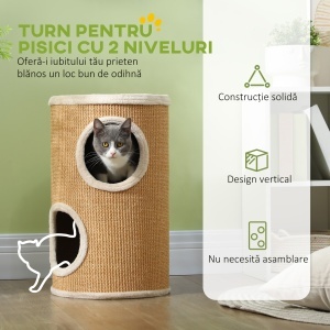 Stâlp de Zgâriat pentru Pisici cu 2 Niveluri, Înveliș din Sisal și Paturi din Pluș, Ø35x60 cm, Maro - Img 4