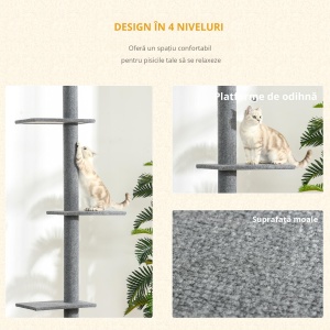 Stâlp de Zgâriat pentru Pisici pe 4 Niveluri și Fixare pe Tavan Reglabil, 43x27x228-260 cm, Gri - Img 6