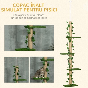 Stâlp Înalt pentru Pisici cu Tijă de Tensionare din Iută cu Frunze, 37x21x202-242 cm, Verde - Img 4