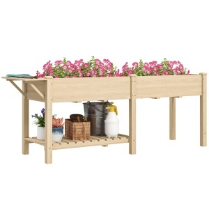 Strat Înălțat de Grădină cu Masă Laterală, Raft Inferior și Orificii de Drenaj, 207x59x78 cm, Lemn Natural - Img 1