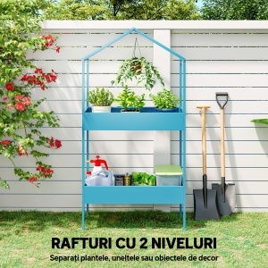 Suport Ghivece pe 2 Niveluri din Metal în Formă de Casă, Raft pentru Plante cu Cârlig pentru Interior și Exterior, 75x35x150 cm, Verde Albastru - Img 5