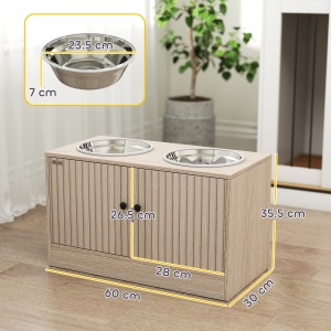 Suport pentru boluri pentru câini cu 2 boluri de 2L și dulap inferior, din lemn, 60x30x35,5 cm, stejar - Img 3