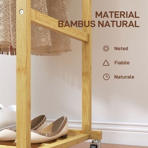 Suport pentru haine cu 2 bare, raft inferior și 4 roți din bambus, 80x40x160 cm, lemn natural - Img 6
