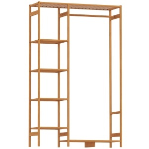 Suport pentru Haine din Bambus cu Rafturi pe 6 Niveluri și Bară pentru Haine, Stender pentru Dormitor și Hol, Design Modern, 90x30x145 cm, Lemn Natural - Img 1