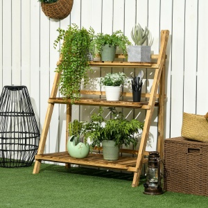 Suport pentru Plante Pliabil, Jardinieră cu 3 Niveluri, Raft de Exterior pentru Plante, 80x37x93 cm, Lemn Natural - Img 2