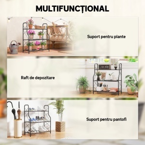 Suport pentru Plante Vertical cu 3 Niveluri, cu Suporturi Laterale în X, Suport Ghivece cu Mânere Integrate din Metal pentru Interior și Exterior, 69x28.5x78 cm, Negru - Img 6