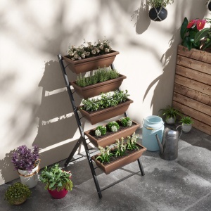 Suport pentru Plante Vertical cu 5 Niveluri și 5 Ghivece cu Găuri de Drenaj, Suport din Oțel și Plastic, 55x63x120 cm, Maro - Img 8