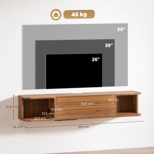 Suport TV suspendat până la 50" cu prize de curent, USB și tip C, sertar și rafturi, 120x24x22.4 cm, Nuc - Img 3