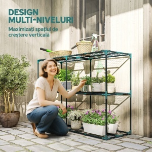 Suport Vertical pentru Plante cu 3 Niveluri din Oțel și Plastic, Suport Ghivece pentru Interior și Exterior, Grădină, Balcon, 143x48x100 cm, Verde Închis - Img 4