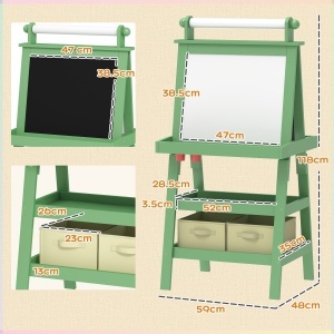 Tablă pentru Copii cu Șevalet 3 în 1, Sul de Hârtie și 2 Containere, din Lemn, 59x48x118 cm, Verde - Img 3
