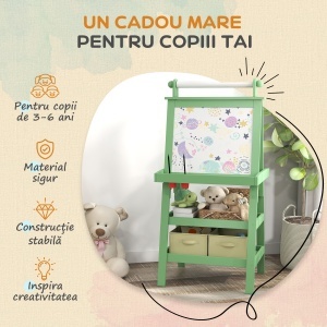 Tablă pentru Copii cu Șevalet 3 în 1, Sul de Hârtie și 2 Containere, din Lemn, 59x48x118 cm, Verde - Img 6