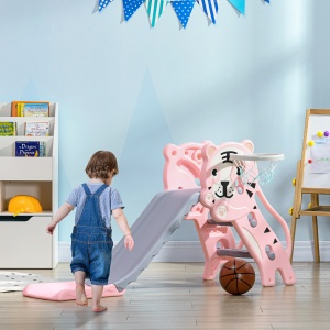 Tobogan pentru Copii 18-36 Luni cu Coș de Baschet Lateral și Tobogan din Plastic, 133x60x70 cm, Roz - Img 2