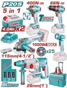 TOTAL - SET 5 UNELTE - 20V - CU 2 ACUMULATORI 4.0Ah SI INCARCATOR (INDUSTRIAL)