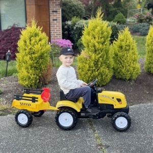 Tractor de Pedalat pentru Copii de 3+ Ani cu Remorcă, Greblă, Lopată și Claxon, 133x42x51 cm, Galben - Img 8