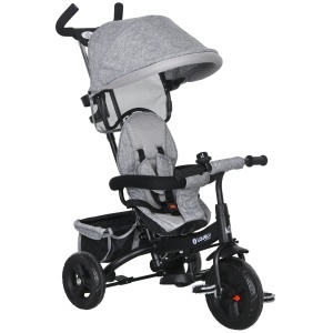 Tricicletă pentru Copii cu Mâner 6 În 1, Cărucior pentru Copii cu Baldachin Reglabil, Centura de Siguranță și Coș, Vârsta 1-5 ani, 95x50x106 cm, Gri