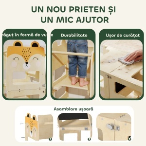 Turn Montessori pentru Copii 2-5 Ani cu Tablă și Măsuță, Scăunel pentru Copii din Placaj, 57x39x93 cm, Culoare Lemn - Img 7
